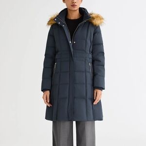 Women's Navy Puffer Coat with Faux Fur Trim